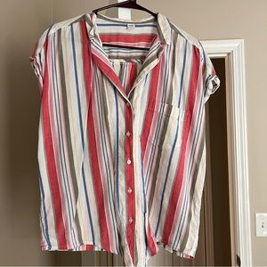 Colorful striped short sleeve button down with tie front